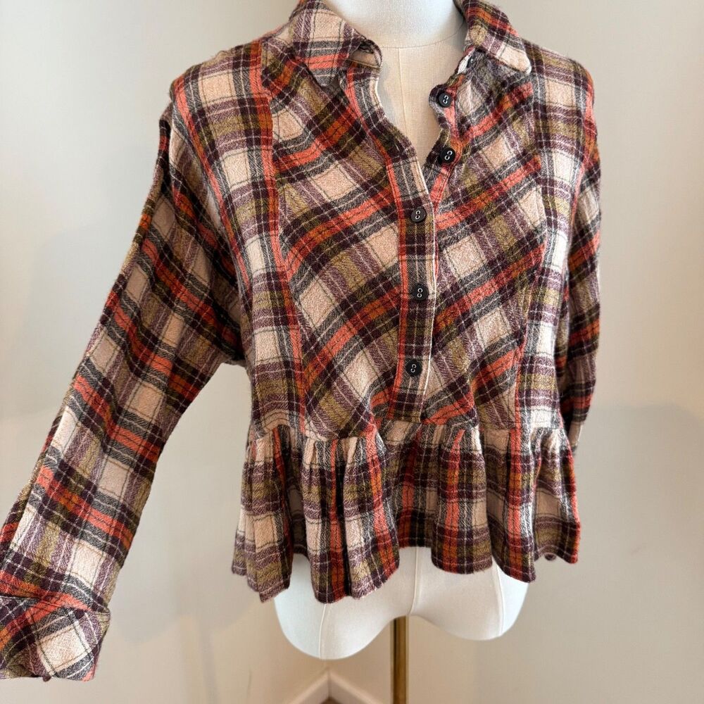 Free People Plaid Peplum Button-Up Top in Cream, Rust, Olive and Purple